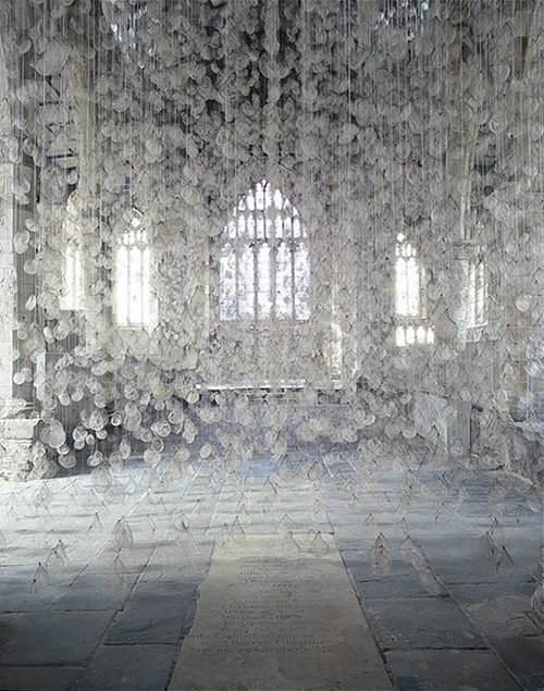 Echo (2006) York St Mary’s Church. 10,000 hairnets, used violin bow, hair. Temporary site specific commission for York Museums Trust.